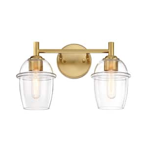 Summer Jazz 16 in. 2-Light Brushed Gold Vanity Light with Clear Glass Shades for Bathrooms