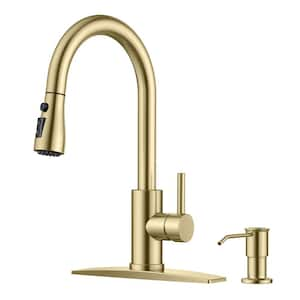 Single Handle Pull Down Sprayer Kitchen Faucet Gooseneck Kitchen Sink Faucet with Soap Dispenser in Gold