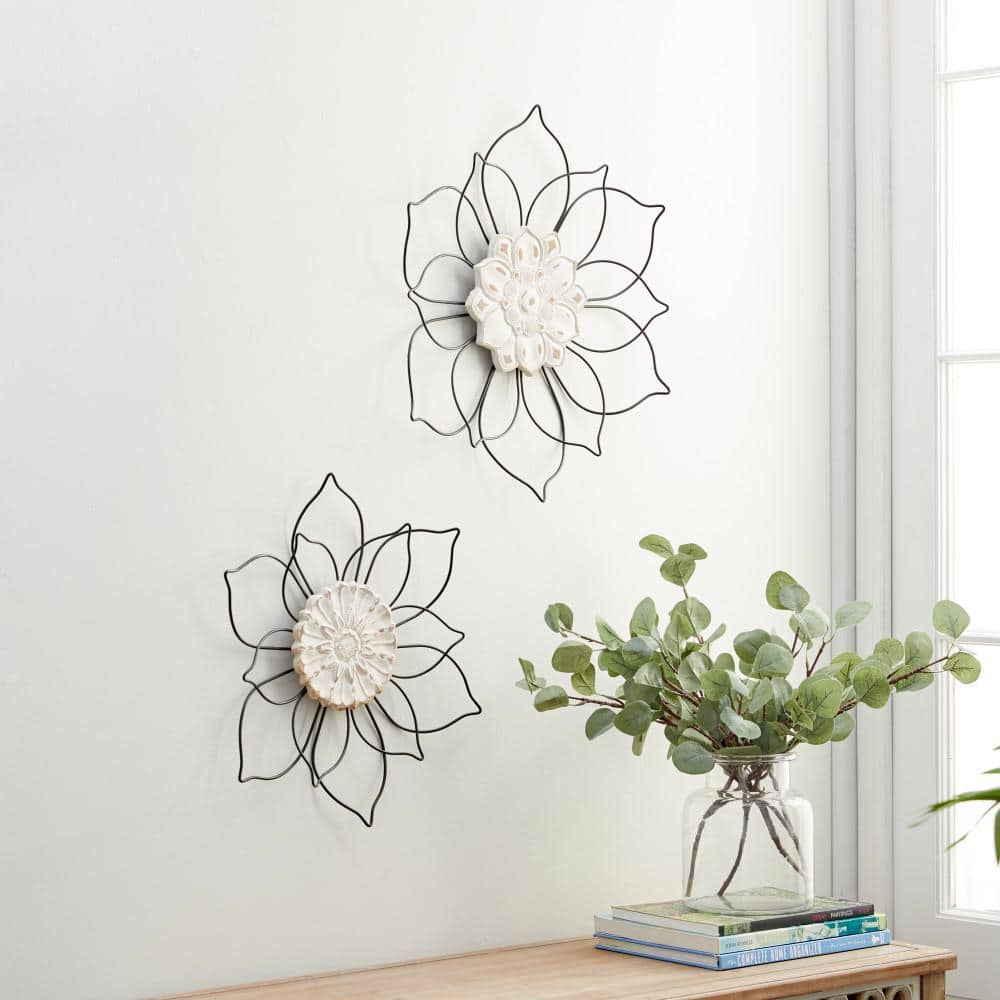 Elegant Black Metal and Wood Floral Wall Decor Set of 2