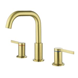 Rectangle 8 in. Widespread Double Handle Brass 3 Hole Bathroom Sink Faucet in Brushed Gold