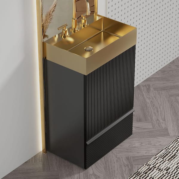 BEANS 20 in. W Single Sink Freestanding Striped Matt Black Bath Vanity with Gold Stainless Steel Top for Modern Bathroom