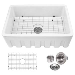 30 in. Farmhouse Single Bowl White Ceramic Kitchen Sink with Bottom Grids and Basket Strainer