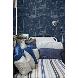 56 sq. ft. Navy Blue Sail Away Unpasted Wallpaper Roll