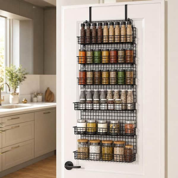 6-Tier Black Spice Rack Organizer with Door Hook, Wall Mounted Over the Door Spice Racks for Kitchen Pantry Cabinet