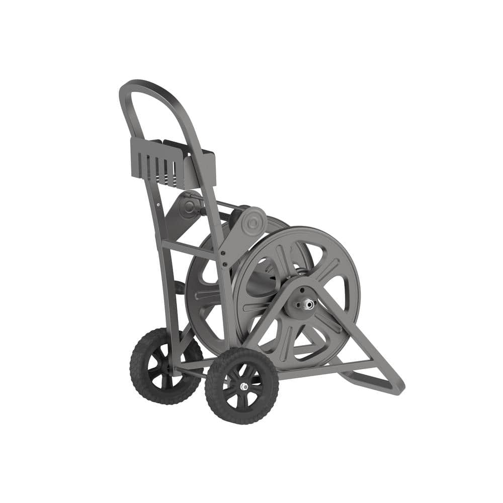 Gray Steel Mobile Garden Hose Cart with Basket