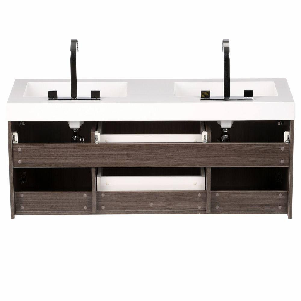 Sleek 54" Gray Oak Double Sink Wall-Mount Vanity Set with Acrylic Top