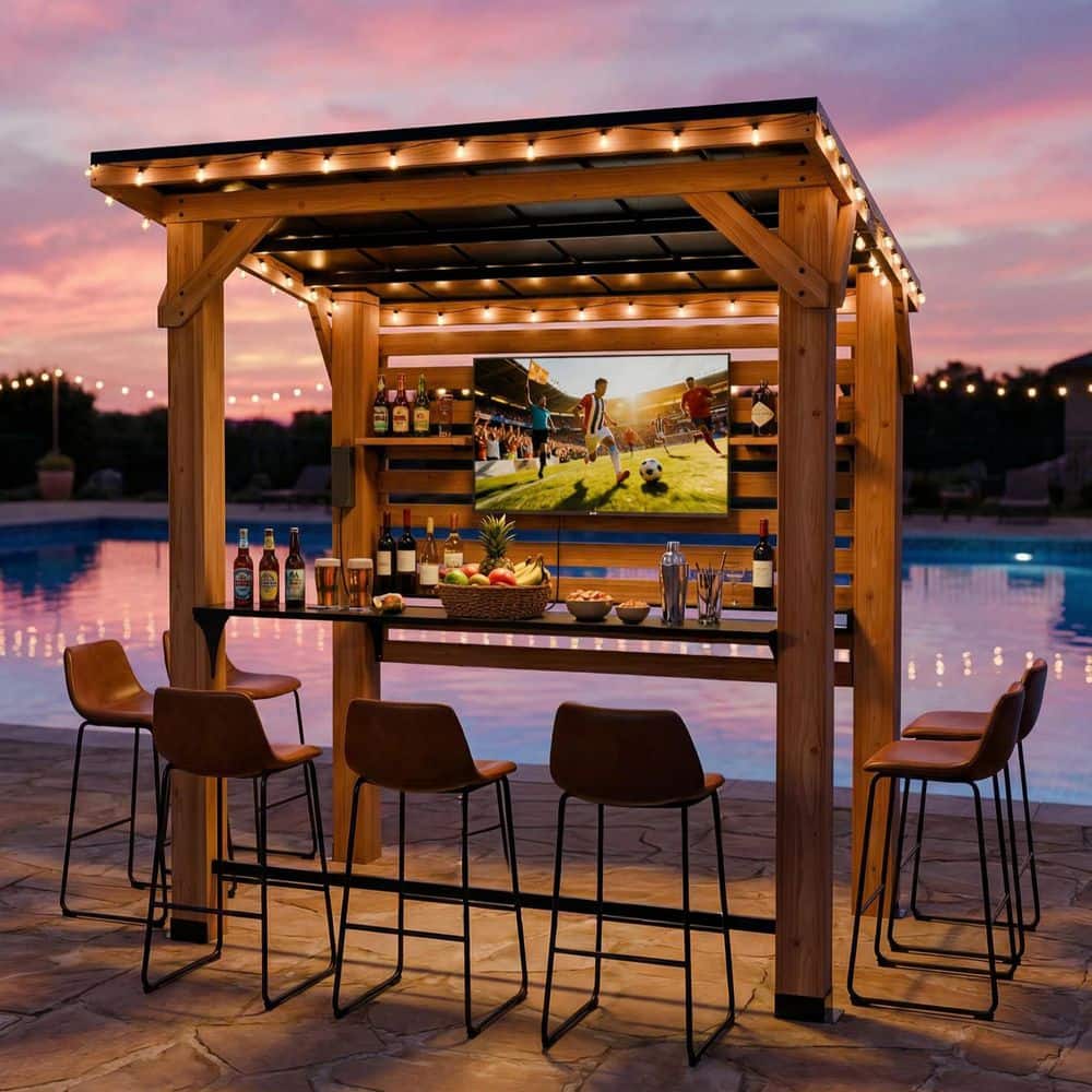 ELPOSUN 6 ft. x 8 ft. Solid Cedar Wood Gazebo Entertainment Bar ...