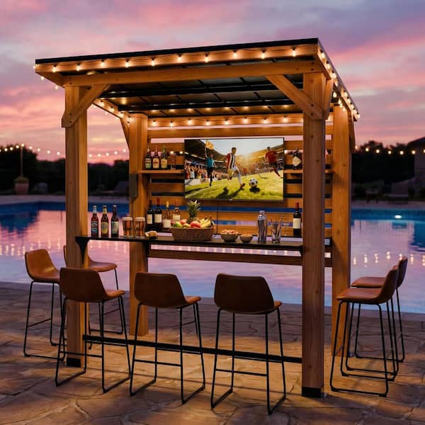6 ft. x 8 ft. Solid Cedar Wood Gazebo Entertainment Bar Pavilion with TV Mount and Shelves for Backyard