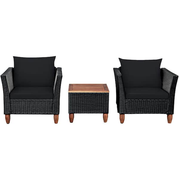 Costway 3-Pieces Wicker Patio Conversation Set Wooden Table Top with Black Cushions