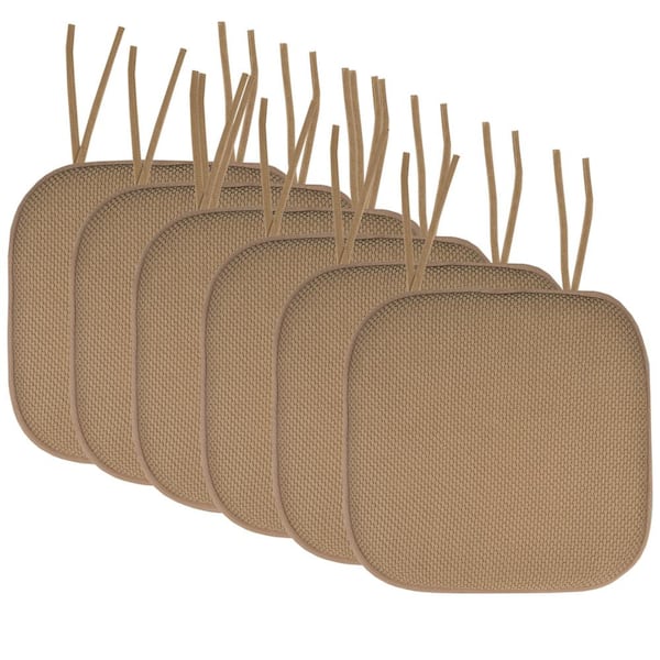 Sweet Home Collection Honeycomb Memory Foam Square 16 in. x 16 in. Non-Slip Back Chair Cushion with Ties (6-Pack), Taupe