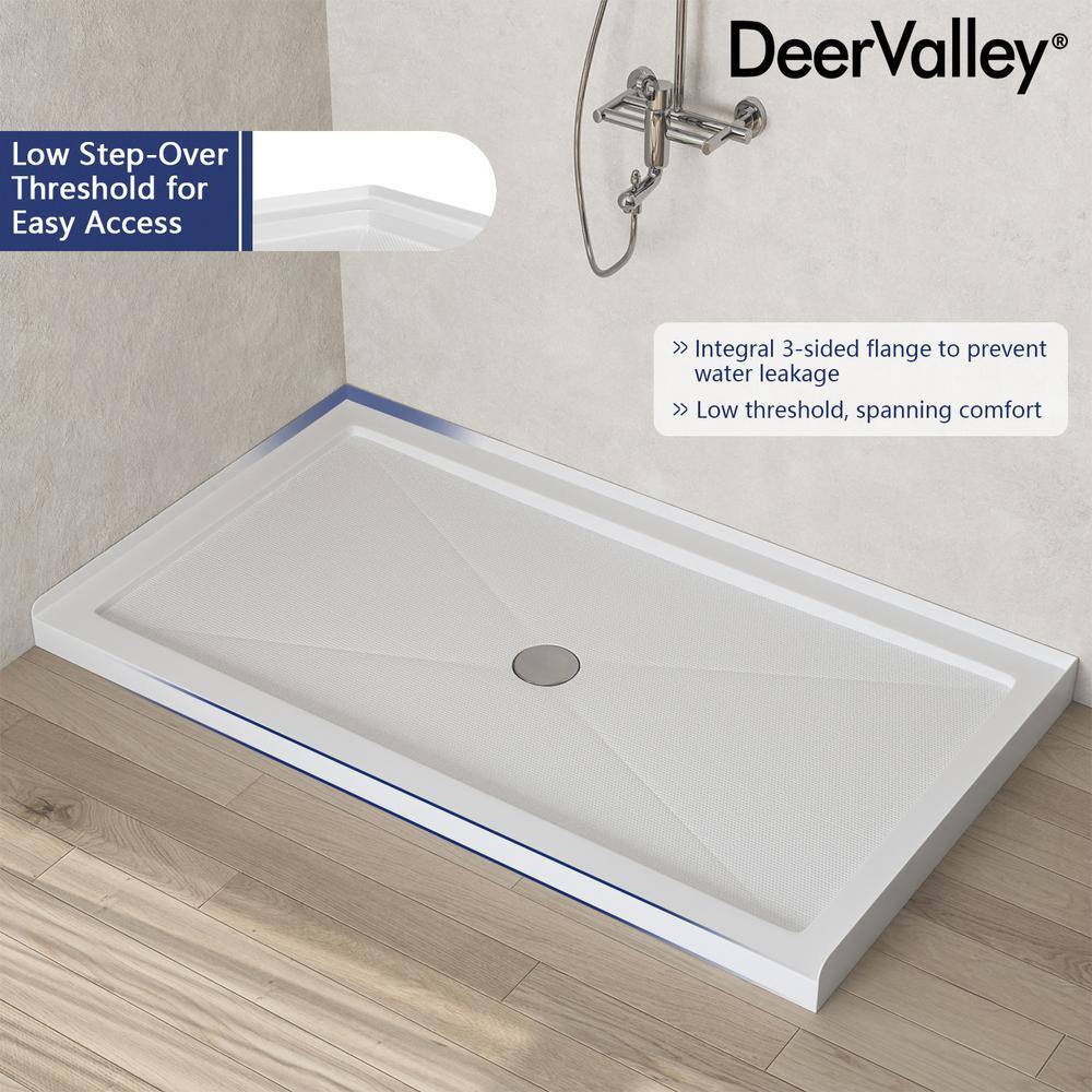 White Acrylic 60'' x 34'' Non-Slip Shower Base with Center Drain