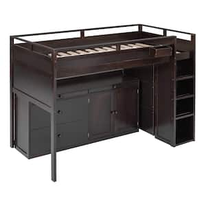 Espresso Twin Size Pinewood Loft Bed with Rolling Cabinet, Desk, and Storage Drawers