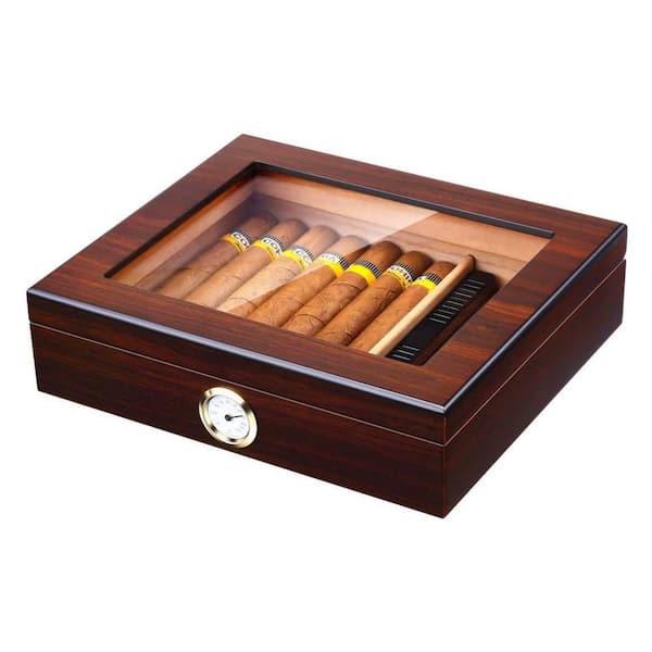 10.2 in. W x 8.7 in. H Handmade Cigar Humidor with Humidifier, Hygrometer, Glass Top and Velvet Pad for 20-25 Cigars