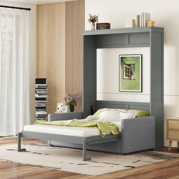Queen Murphy Bed With Sofa & LED Lights - Solid Wood Folding Wall Bed Cabinet, Space Saver