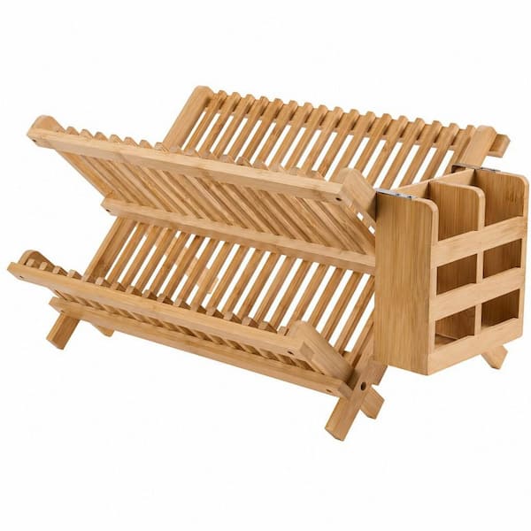2-Tier Bamboo Dish Drying Rack, Collapsible Small Dish Rack with Utensil Holder for Kitchen Counter
