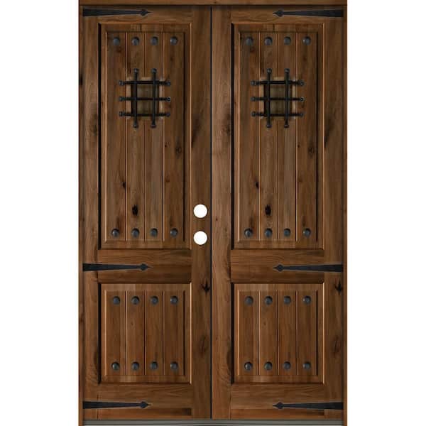 Krosswood Doors 64 in. x 96 in. Mediterranean Knotty Alder Square Top with Provincial Stain Left-Hand Wood Double Prehung Front Door