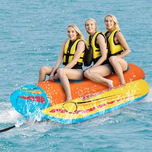 Yellow 3-Person Inflatable Banana Boat with Boating and Water Sports 3 EVA-Padded Seats