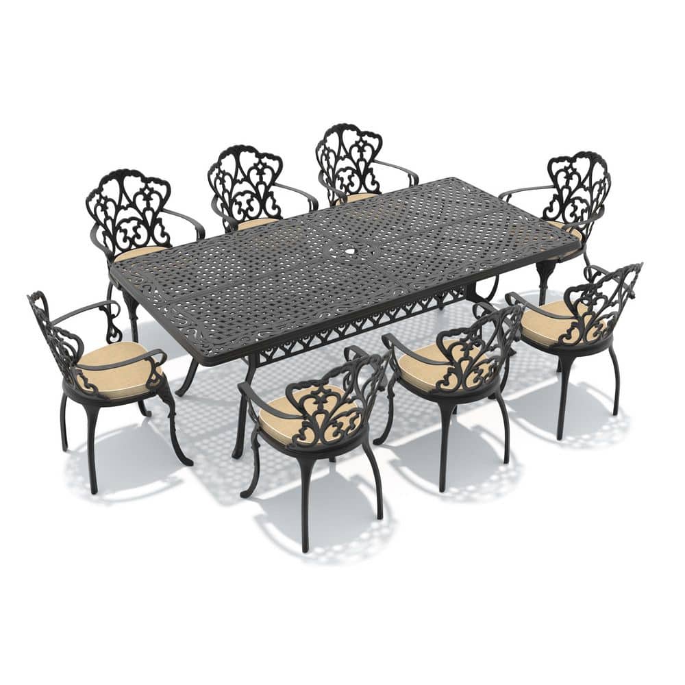 9-Piece Aluminum Patio Outdoor Dining Set with 8 Chairs, Rectangular Table, Umbrella Hole and Off-White Cushions price history on PriceWatchPro