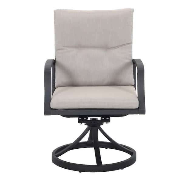 Black Outdoor Swivel Dining Chair with Gray Cushions for Porch, Backyard and Deck (2-Pack)