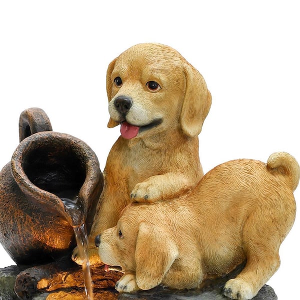 LuxenHome Puppy Friends Farmhouse Resin Outdoor Waterfall Fountain
