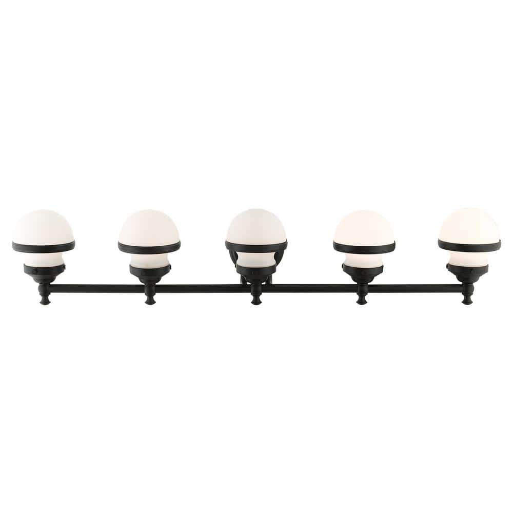 Oldwick Sleek Black 5-Light Vanity Sconce with Satin Opal White Glass
