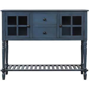 42 in. Antique Navy Sideboard Console Table with Bottom Shelf Farmhouse Wood/Glass Buffet Storage Cabinet
