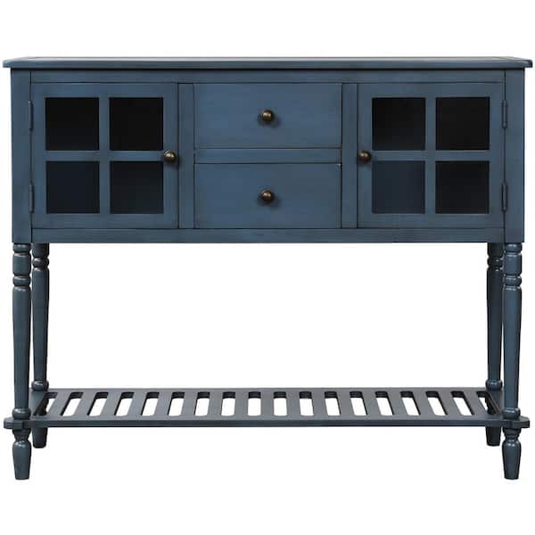 aisword 42 in. Antique Navy Sideboard Console Table with Bottom Shelf Farmhouse Wood/Glass Buffet Storage Cabinet