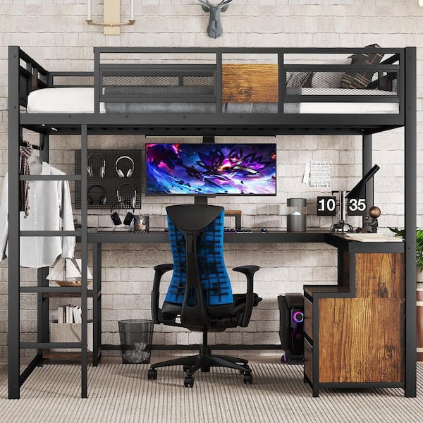 Black Queen Loft Bed with Desk and Storage Non-Woven Fabric Drawers, Ladders