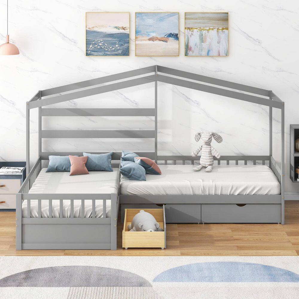 ANBAZAR Gray Double Twin Size Kids Beds, Houseshaped Kids Platform Bed