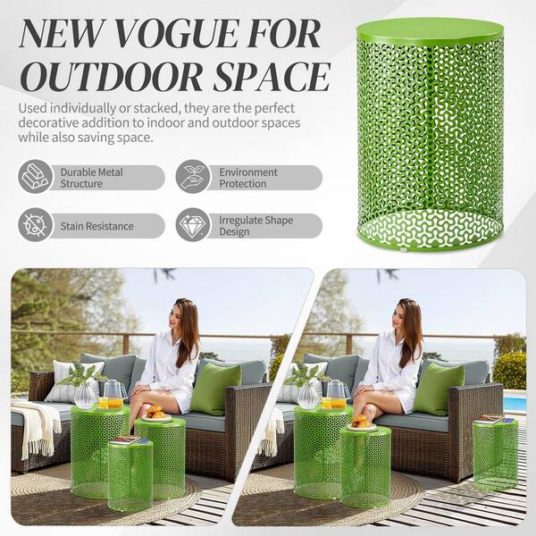 Karl home Outdoor Green Round Metal Stackable Side Table (Set of 3