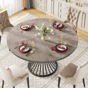 Halseey Round Gray Wood 47 in. Pedestal Dining Table Seats 4-6 with Black Metal Base