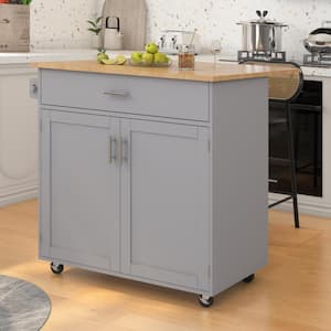 Rolling Gray Drop Leaf Rubber Wood Top 39 in. Kitchen Island with Internal Storage Racks and Solid Wood Cabinet Feet