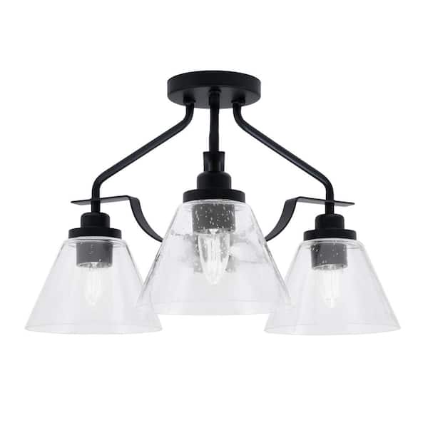 Unbranded Zara 14.5 in. 3-Light Matte Black Semi-Flush with 7 in. Clear Bubble Glass Shades No Bulbs Included
