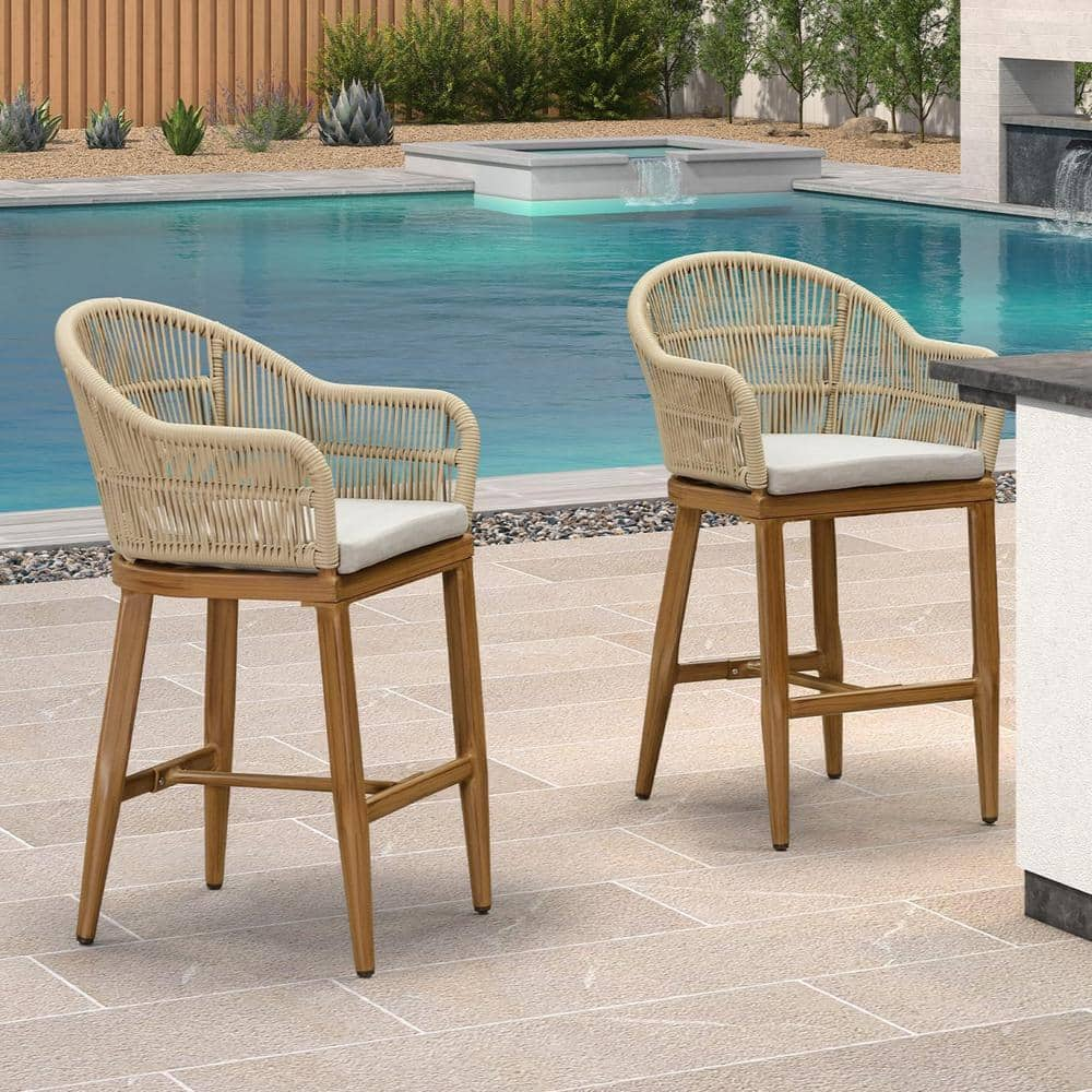 PURPLE LEAF Modern Aluminum Rattan Counter Height Outdoor Bar Stool with Back and Beige Cushion 2 Pack PPL03 VTZB TK The Home Depot