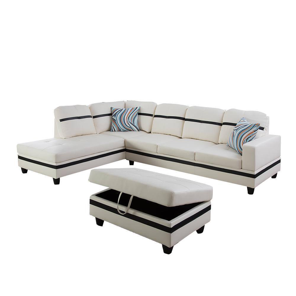 74.5in. W Square Arm 3-Piece Faux Leather L Shaped Sectional Sofa in White with Ottoman