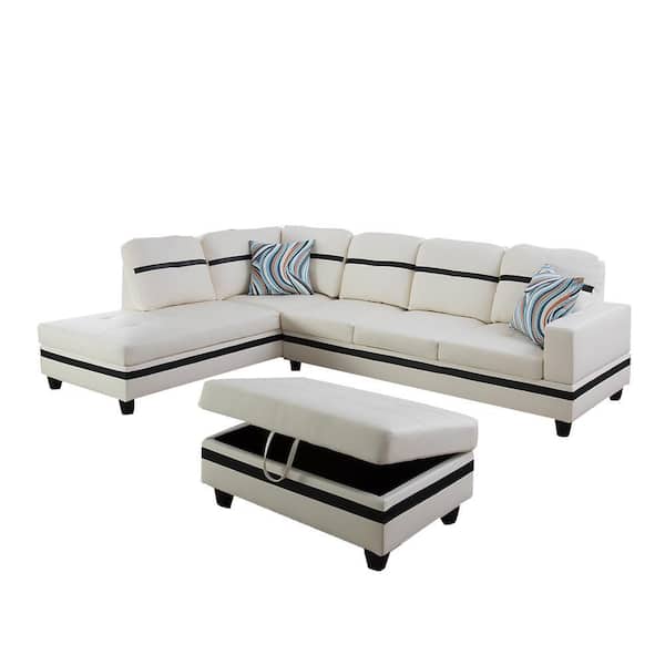 Star Home Living 74.5in. W Square Arm 3-Piece Faux Leather L Shaped Sectional Sofa in White with Ottoman
