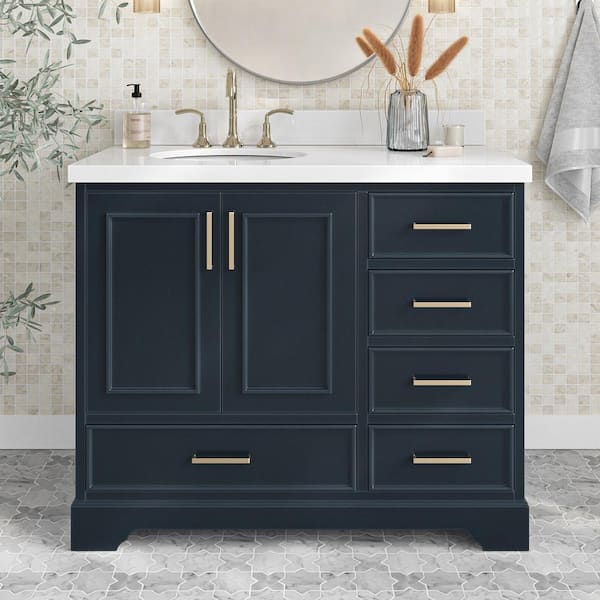 ARIEL Stafford 43 in. W x 22 in. D x 36 in. H Left Single Sink Bath Vanity in Midnight Blue with Pure White Quartz Top