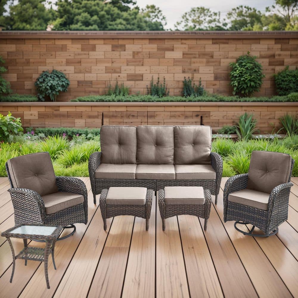 SleekArm 6-Piece Brown Wicker Patio Conversation Set with Olefin Gray Cushion/Sofa/Patio Swivel Glider Chairs price history on PriceWatchPro