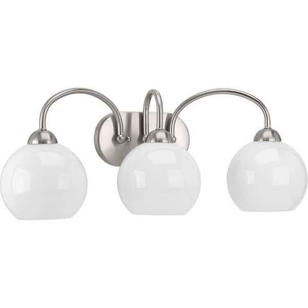 Progress Lighting Carisa Collection 25 in. 3-Light Brushed Nickel Opal Glass Mid-Century Modern Bathroom Vanity Light