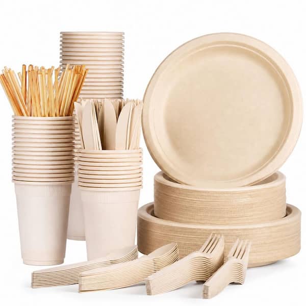 Compostable Paper Plates and Cutlery Set, 350 Pieces, Plant-Based Dinnerware with Cups and Straws for 50 Guests