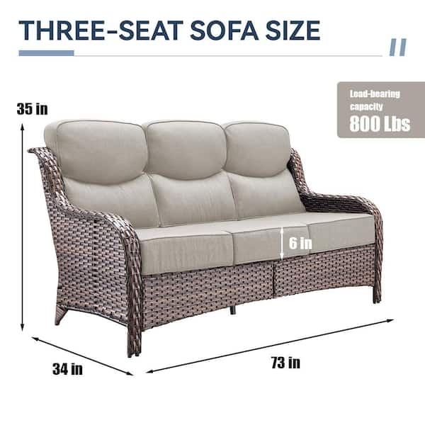 6 in Thicken 3-Seat Wicker Outdoor Couch Patio Sofa with Beige Cushion
