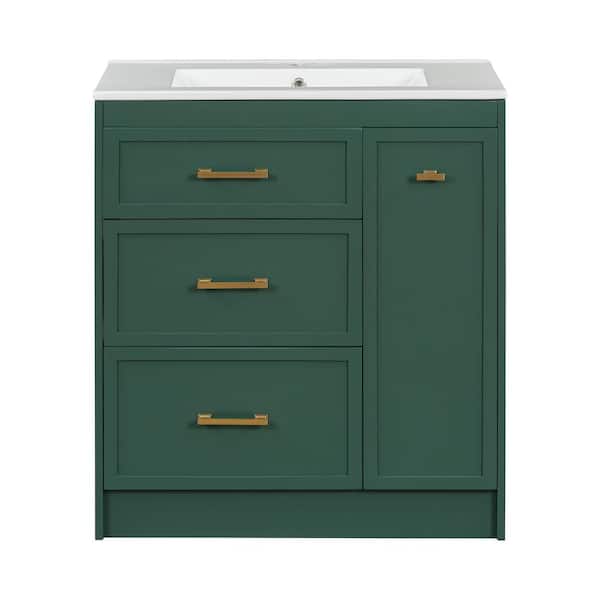 30 in. W x 18.3 in. D x 34 in. H Single Sink Freestanding Frosty Green Bath Vanity with White Ceramic Top and Drawers