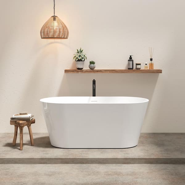 ANGELES HOME 59 in. x 29.5 in. Soaking Bathtub with Brushed Nickel Toe-Tap Drain in Chrome, Integrated Slotted Overflow, Glossy White
