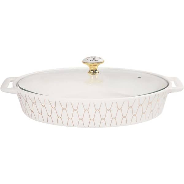 Porcelain 40 oz. Oval Casserole Dish with Glass Lid White Gold Plated Chafing Dish for Buffet Soup Tureen