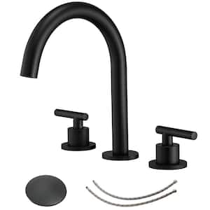 8 in. Widespread Double Handle Bathroom Faucet 3 Holes Sink Basin with Pop-up Drain Assembly Kit in Matte Black