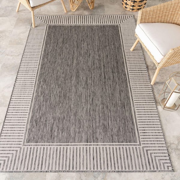 4 ft. x 6 ft. Grey Striped Border Flatweave Outdoor Area Rug