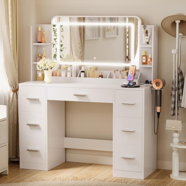 Vanity Desk with Large Lighted Mirror, Power Outlet and LED Lights, Makeup Vanity Table with 7 Drawers White