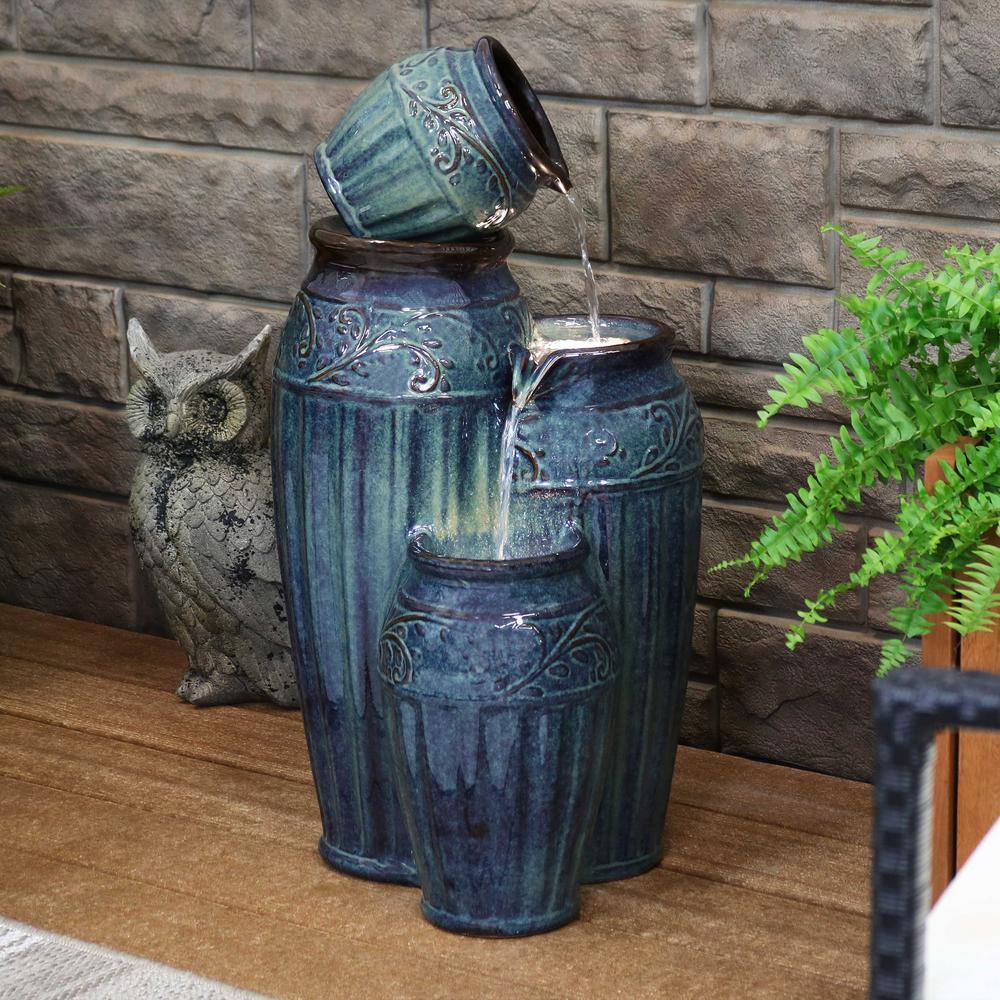 Dark Cyan Ceramic Vase Outdoor Water Fountain with LED Lights