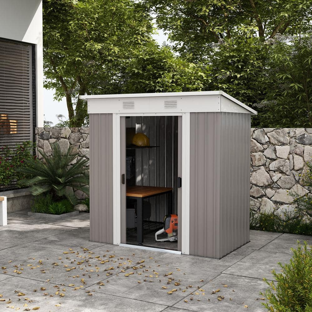 Gray Metal Garden Shed with Dual Locking Doors and Vents
