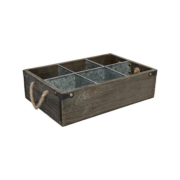 Brown 14 in. x 4 in. Wood Rustic Solid Wood and Galvanized Multipurpose Organizer Caddy Basket